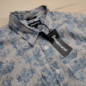 NEW Betabrand Shirt Mens XL Toile de Jouy Print Blue Short Sleeve Button Up